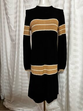 Black Knit Long-Sleeve Sweater Dress Tan Stripes Vintage 1980s Janè Med